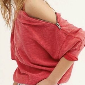 NWT Free People Nikala Red Zip Off-Shoulder Boat Neck Dolman Pullover Top Large